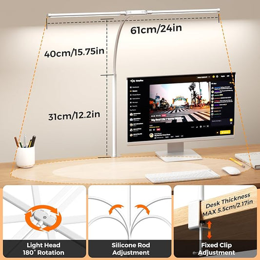 SKYLEO LED Desk Lamp with Clamp - Double Head Desk Light with Remote and Touch - Eye Protection - 12 W, 5 Color Modes, Timer and Memory Function, Flexible Gooseneck - for Office, Reading - White