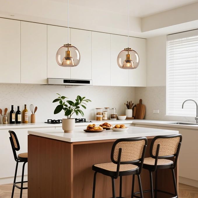 Light Coffee Glass Pendant Lights Kitchen Island Gold Hanging Light Fixture Glass Globe Pendant Light Modern Pendant Lighting for Kitchen Island Bedroom Dining Room (7.87", 3 Pack)