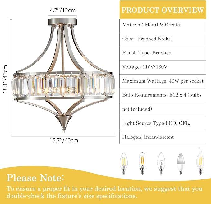 Crystal Chandelier Ceiling Light Fixture, Modern Round Brushed Nickel Dining Room Chandeliers for Kitchen Hallway Bedroom Foyer, 16 Inch Rustic Farmhouse Semi Flush Ceiling Light, 4-Light