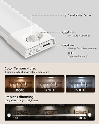 EZVALO Under Cabinet Lighting, Wireless Closet Lights, 50 LED Rechargeable Motion Sensor Light, Dimmable, 3 Color Temperatures, 11.8 inch Counter lights for Kitchen, Pantry, Bedroom, Wardrobe (3 Pack)