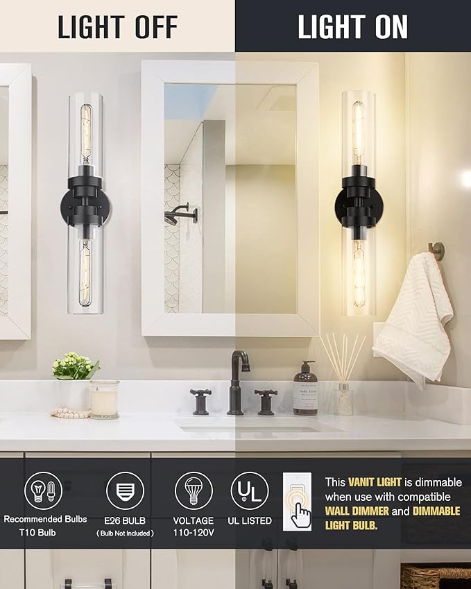 Emak 22 Inch Black Bathroom Light Fixtures Over Mirror, 2-Light Bathroom Vanity Light with Clear Glass Shade, 2 Pack Wall Sconce for Bathroom, Bedroom, Hallway, VL085-BKL-2-2PK