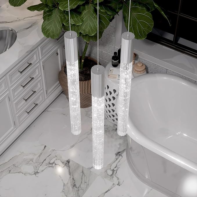 Modern LED Bubble Crystal Chandelier Dimmable Pendant Light Kitchen Island Dining Room Living Room Foyer Corner Hanging Ceiling Fixture Silver 3-Light