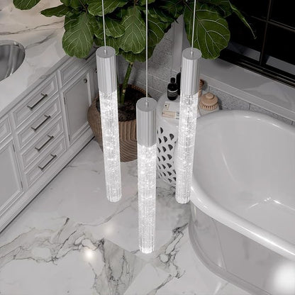 Modern LED Bubble Crystal Chandelier Dimmable Pendant Light Kitchen Island Dining Room Living Room Foyer Corner Hanging Ceiling Fixture Silver 3-Light