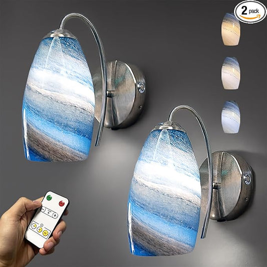 Battery Operated Modern Wall Sconce Set of 2, Rechargeable Wireless Wall Lights with Touch & Remote Control, Dimmable 3 Color Temperatures, Hand-Blown Glass for Bedroom Living Room