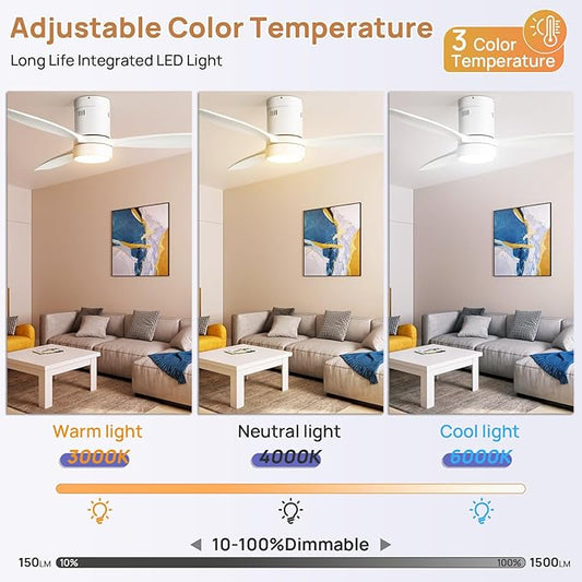 Sofucor 52 Inch Ceiling Fans with Lights and Remote, Modern Wood Low Profile Flush Mount Quiet White Ceiling Fan for Bedroom, Reversible DC Moto for Living Room/Farmhouse/Patio/Indoor/Outdoor