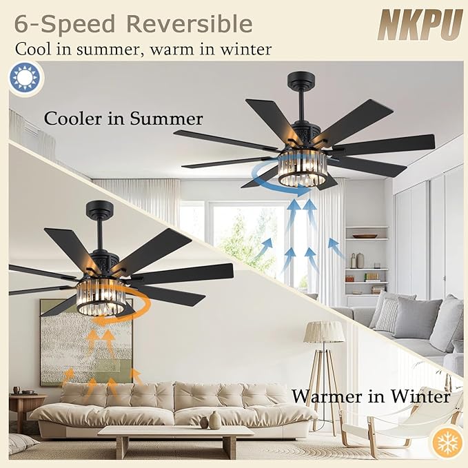 NKPU 52 Inch Farmhouse Crystal Ceiling Fans with Lights and Remote, Chandelier Industrial Ceiling Fan with Dual 8 Blades, 6 Speed Reversible Motor, Timing, Black Ceiling Fan for Living room Bedroom