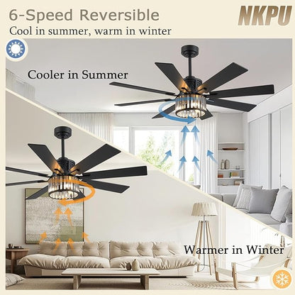 NKPU 52 Inch Farmhouse Crystal Ceiling Fans with Lights and Remote, Chandelier Industrial Ceiling Fan with Dual 8 Blades, 6 Speed Reversible Motor, Timing, Black Ceiling Fan for Living room Bedroom