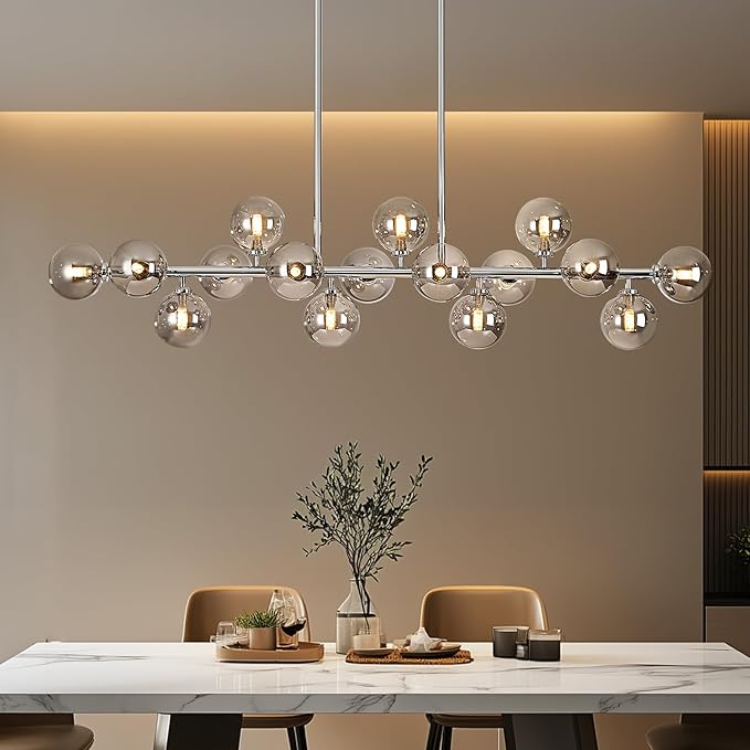 55 Inch Long Chandeliers for Dining Room Kitchen Island, Large Globe Sputnik Linear Chandelier, 16 Lights Mid Century Modern Light Fixture Over Table, Chrome and Smoke Grey Bubble, GC-08