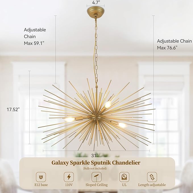 31in Modern Gold Sputnik Chandelier 4-Light Mid-Century Starburst Chandelier Light Fixture Over Table Large Satellite Chandeliers for Dining Room Foyer Entryway Kitchen Bedroom Living Room E12