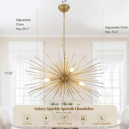 31in Modern Gold Sputnik Chandelier 4-Light Mid-Century Starburst Chandelier Light Fixture Over Table Large Satellite Chandeliers for Dining Room Foyer Entryway Kitchen Bedroom Living Room E12