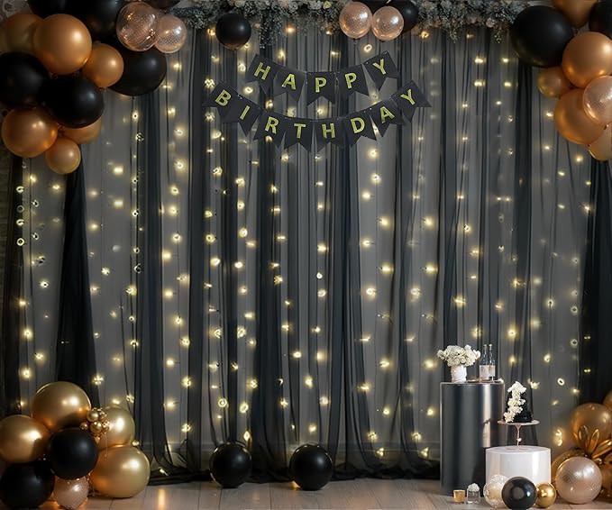 10×12ft Black Sheer Backdrop Curtains with Lights String for Parties Birthday Black Tulle Backdrop Curtain for Baby Shower Wedding Graduation Halloween Party Photo Shoot Decorations 2 Panels 5×12ft