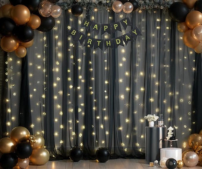 10×12ft Black Sheer Backdrop Curtains with Lights String for Parties Birthday Black Tulle Backdrop Curtain for Baby Shower Wedding Graduation Halloween Party Photo Shoot Decorations 2 Panels 5×12ft