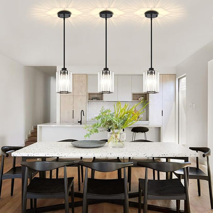 3-Pack Black Pendant Lights Kitchen Island Modern Crystal Hanging Pendant Light Hexagonal Mini Chandelier Adjustable Hanging Kitchen Lights for Dining Room Hallway Bedroom Entryway Light Fixtures