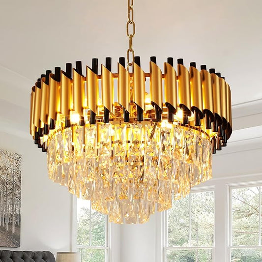 Depuley Modern Gold Crystal Chandelier: 6-Light Flush Mount Chandelier 12 Inch 4-Tier Luxury Round Hanging Pendant Light Fixture for Porch Bedroom Dining Room Foyer Included Bulbs
