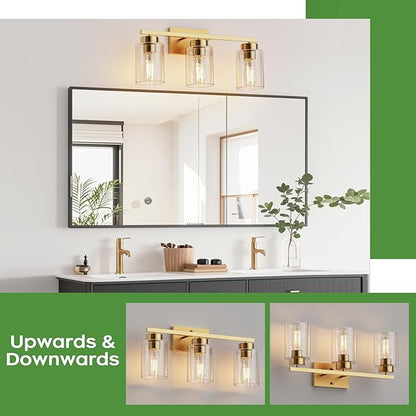 PARTPHONER 3-Light Bathroom Light Fixtures, Brushed Gold Vanity Light with Clear Glass Shade, Modern Wall Sconce for Mirror Bedroom Living Room Hallway Lighting