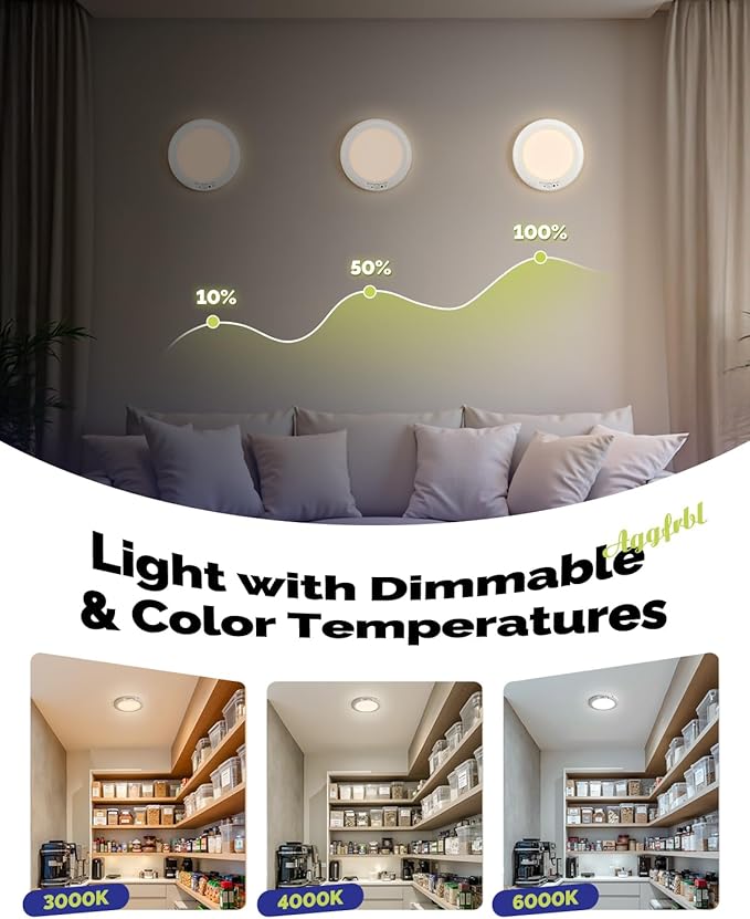 10,000mAh Rechargeable Ceiling Light with Remote, 7.09“ Wireless Waterproof Shower Lights 3000K/4000K/6000K, Battery Powered Light for Closet Battery Operated, Motion Sensor Lights No Wiring