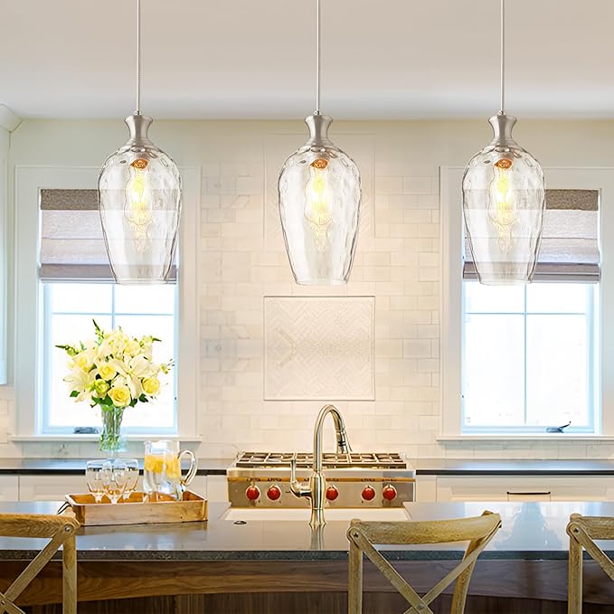 Glass Pendant Lights Kitchen Island, 1-Light Brushed Nickel Pendant Light Fixtures with Hand-Blown Clear Glass, Modern Farmhouse Hanging Light for Kitchen Sink Dining Room Bedroom, E26