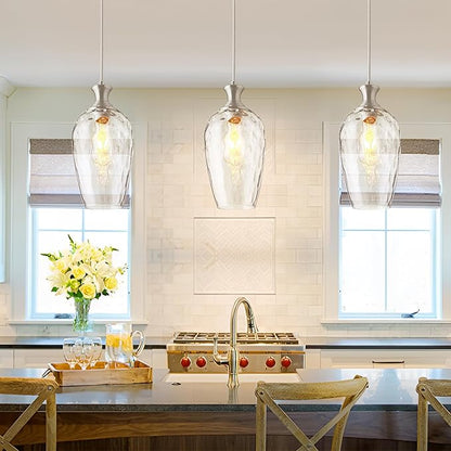 Glass Pendant Lights Kitchen Island 2 Pack, Brushed Nickel Pendant Light Fixtures with Hand-Blown Clear Glass, Modern Hanging Light for Kitchen Sink Dining Room Bedroom, E26