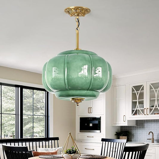 Milk Glass Pendant Light, 15 Inch Green Handblown Shade with Antique Brass Hardware, Adjustable Hanging Rod Vintage Chandelier, Dimmable E26 Base Fixture for Kitchen Island, Dining Room, Livingroom