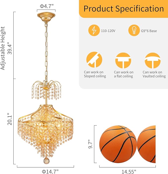 WUZUPS Golden-Hued Crystal Chandelier Pendant Flushmount Ceiling Light Modern Lighting Fixture for Bedroom Hallway Bar Kitchen Bathroom, H 20.1" x W 14.7", Gold, G9 Base