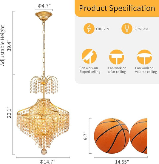 WUZUPS Golden-Hued Crystal Chandelier Pendant Flushmount Ceiling Light Modern Lighting Fixture for Bedroom Hallway Bar Kitchen Bathroom, H 20.1" x W 14.7", Gold, G9 Base