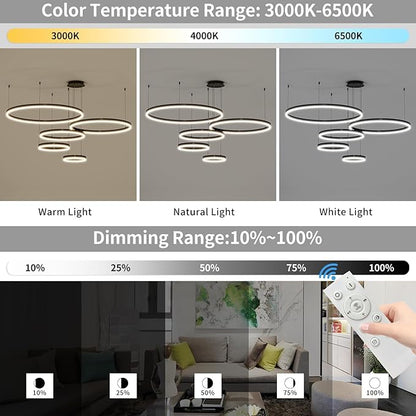 Mikeru Modern 5 Ring Chandelier Light, LED Pendant Light Fixtures with Remote Control 3000k-6500K Adjustable Color Temperature Light for Living Room, Kitchen (11.8+15.7+23.6+31.5+39.5in)
