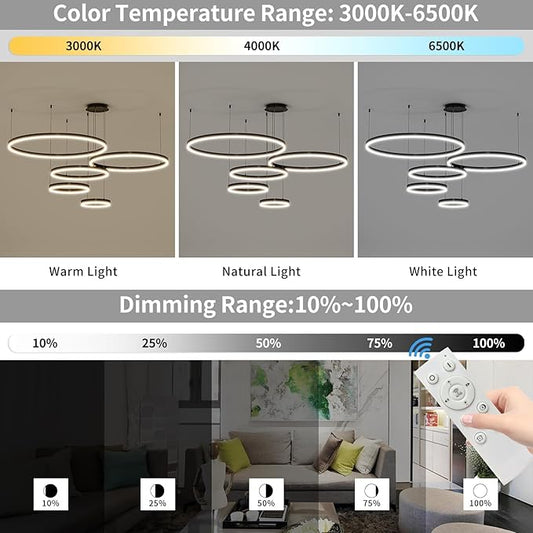 Mikeru Modern 5 Ring Chandelier Light, LED Pendant Light Fixtures with Remote Control 3000k-6500K Adjustable Color Temperature Light for Living Room, Kitchen (11.8+15.7+23.6+31.5+39.5in)