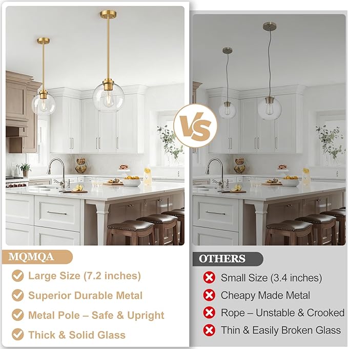 2 Pack 7.2-Inch Globe Pendant Lights, Mid Century Gold Pendant Light Fixtures, Globe Pendant Lights Kitchen Island with Clear Glass Shade Adjustable Hanging Fixture for Dining Room Bulbs not Included