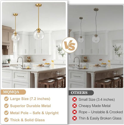 1 Pack 7.2-Inch Globe Pendant Lights, Mid Century Gold Pendant Light Fixtures, Globe Pendant Lights Kitchen Island with Milk Glass Shade Adjustable Hanging Fixture for Dining Room (Bulbs not Included)