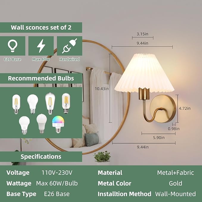 Brushed Brass Wall Sconces Sets of 2 With White Pleated lampshade, Indoor Gooseneck Gold Wall Lamp Lighting, Bathroom Dresser Hardwired sconces wall decor Fixture for Living Room Bedroom Dining Room