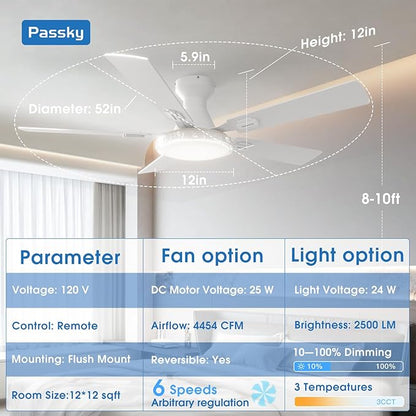 Passky Ceiling Fans with Lights, 52 inch White Flush Mount Ceiling fan with Remote Control, Low Profile Ceiling Fan for Bedroom, Farmhouse, Reversible, 3CCT, Dimmable, Noiseless DC Motor
