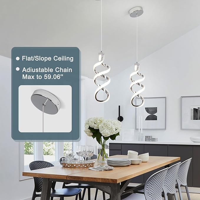 EIDISUNY 3Pack Pendant Light Fixture, 15W Chrome Spiral Led Chandelier Hanging Lamp, 3000K-6000K, Dimmable Pendant Lamp, Adjustable Height Pendant Light for Kitchen Island Dining Room Bedroom Cafe