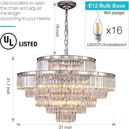Modern Chrome Crystal Chandeliers Lighting 31'' & Lights Round Hanging Classic, Pendant Ceiling Chandelier Lighting Fixture 6-Tier for Dining Room Living Room(Chrome,31 inch)
