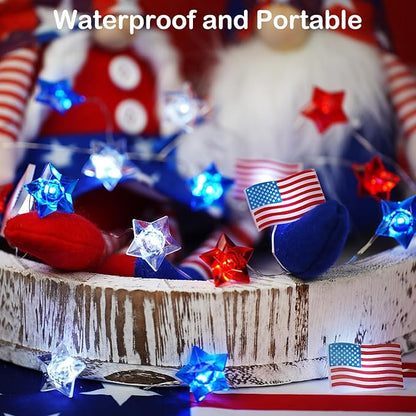 BOHON 4th of July Decorations Battery Operated String Lights with Timer 13 ft 40 LEDs Red White and Blue Star American Flag Lights for Home Patriotic Memorial Independence Day Fourth of July Decor