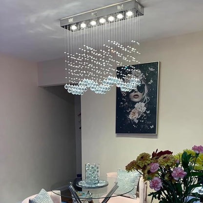 Crystal Chandelier Modern Chandelier 7-Light Rectangular Deluxe Wave Chandelier Ceiling Light Fixture Raindrop Chrome Flush Mount Pendant Lamp for Kitchen Island Bedroom Dining Room
