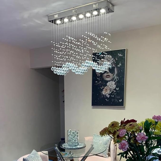 Crystal Chandelier Modern Chandelier 7-Light Rectangular Deluxe Wave Chandelier Ceiling Light Fixture Raindrop Chrome Flush Mount Pendant Lamp for Kitchen Island Bedroom Dining Room