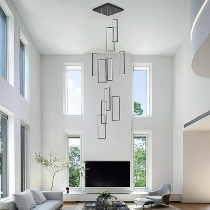 GEADI Modern Foyer Chandelier for High Ceilings,10 Rectangle Dimmable Led High Ceiling Chandelier with Remote Control,Black Large Staircase Pendant Light Fixture for Entryway（3000-6500K）
