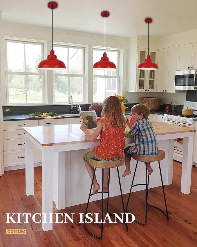 Red Dome Pendant Light 3 Pack, Farmhouse Pendant Lights Kitchen Island, 11.4’’ Industrial Metal Pendant Light Fixtures, Pendant Lighting for Dining Room Hallway Bar, Adjustable Height