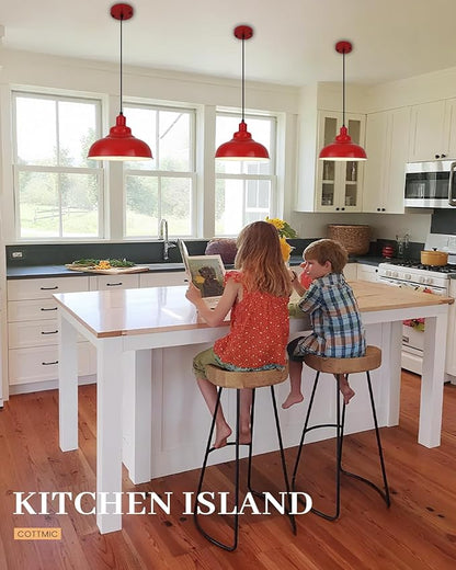 Red Dome Pendant Light 3 Pack, Farmhouse Pendant Lights Kitchen Island, 11.4’’ Industrial Metal Pendant Light Fixtures, Pendant Lighting for Dining Room Hallway Bar, Adjustable Height