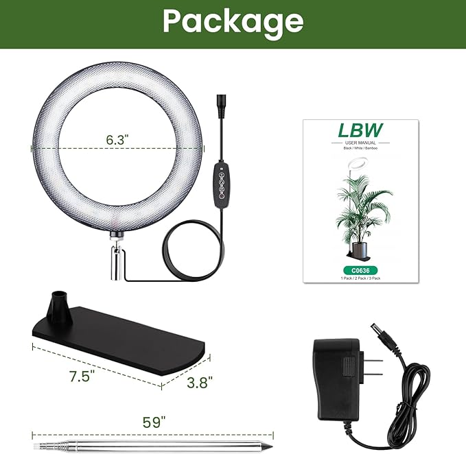 LBW Grow Lights for Indoor Plants, 6.3" Full Spectrum Plant Light with Base, 59" Height Adjustable Grow Lamp, 6/8/12/16H Auto Timer, 3 Colors, 5 Dimmable Levels, for Tall Large Plants, Black, 2 Pack