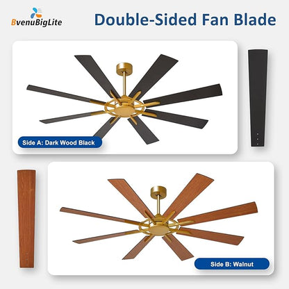 Large Ceiling Fan No Light: Modern 66 Inch 8 Blade Outdoor Ceiling Fans with Remote APP Control - Black Gold Big Fan without Light Indoor Reversible 6 Speed Quiet DC Motor