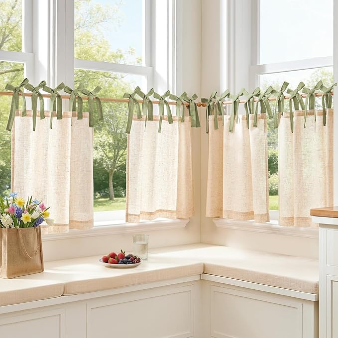 jinchan Linen Tie Top Curtains 24 Inch Length Farmhouse Cafe Curtains Set of 2 for Bedroom Bathroom Rustic Small Windows Light Filtering Crude Panels with Sage Green Ties