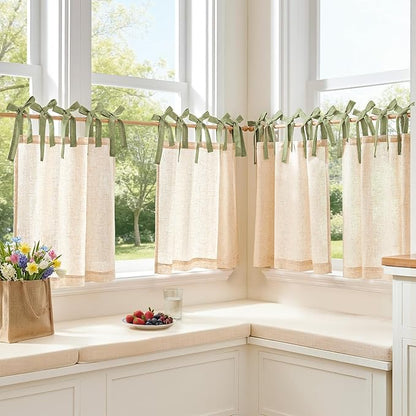 jinchan Linen Tie Top Curtains 24 Inch Length Farmhouse Cafe Curtains Set of 2 for Bedroom Bathroom Rustic Small Windows Light Filtering Crude Panels with Sage Green Ties