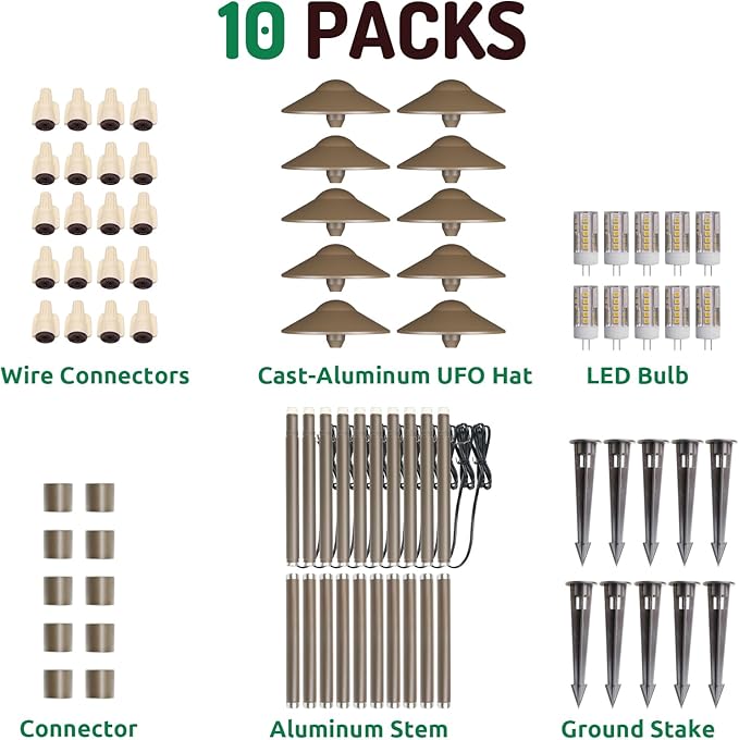 Lumina Lighting® Low Voltage Landscape Lighting Cast-Aluminum Path and Area Light Warm White 3W G4 LED Bulb and ABS Ground Stake Included for Yard Walkway Lawn PAL0108-BZLED10 (Bronze, 10-Pack)