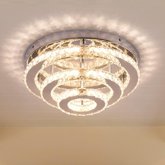 Modern Crystal Chandelier Round LED Ceiling Light Flush Mount Crystal Chandeliers for Dining Room Bedrooms Living Room, 42W, 3000 K Warm White