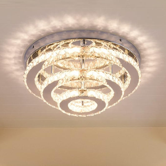 Modern Crystal Chandelier Round LED Ceiling Light Flush Mount Crystal Chandeliers for Dining Room Bedrooms Living Room, 42W, 3000 K Warm White