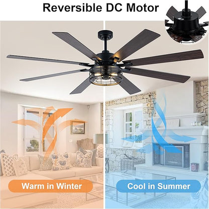 72 Inch Farmhouse Ceiling Fan with Lights and Remote Large Rustic Ceiling Fan Industrial Black Caged Fandelier Chandelier Light, Reversible Quiet DC Motor 6 Speeds for Indoor Outdoor