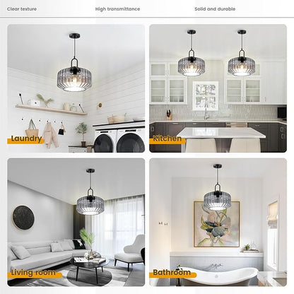 Gray Pendant Light Fixture Large Glass Pendant Light Fixture Vintage Industrial Ceiling Hanging Lights 11" Striped Wave Shade Black Metal Ceiling Hanging Lighting Farmhouse Kitchen