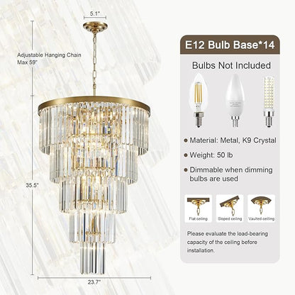 Gold Long Crystal Chandelier for High Ceiling, Height 35.5 inch 5-Tier Modern Chandeliers Lighting Fixture, Round Light for Entryway Staircase Foyer