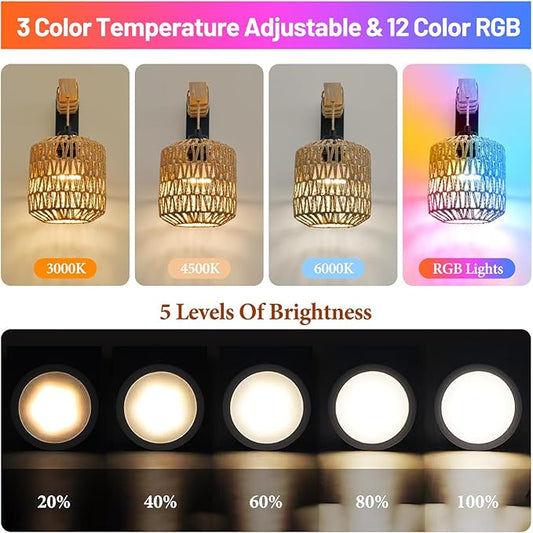 Boho Battery Operated Wall Sconce Set of Two, Rattan Rechargeable Wall Sconces with Remote,Wireless Sconces Set of 2 for Bedroom,Living Room,Entryway 15 Colors Dimmable-Black